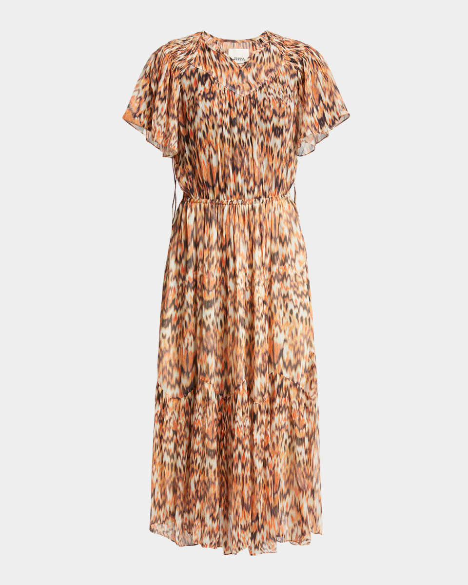 Odelia Flounce-Sleeve A-Line Silk Midi Dress